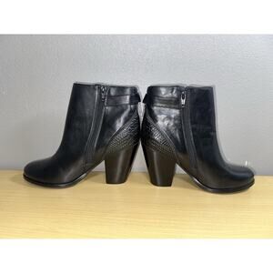 Arturo Chiang 8.5 Black Leather Heeled Heels Ankle Boots Booties Zipper Croc Emb